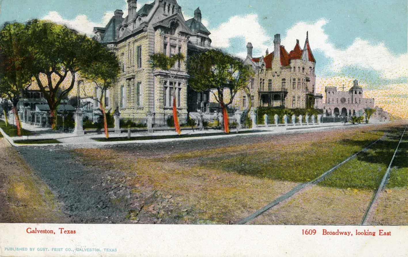 Historic postcard view looking east along Broadway in Galveston