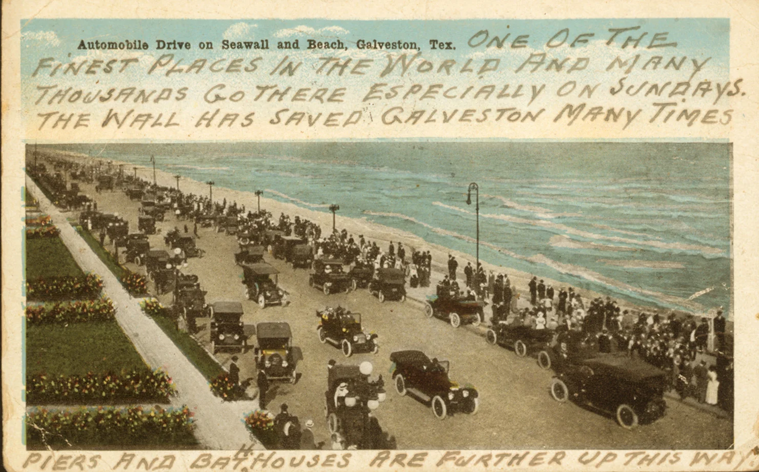 Historic postcard view of Galveston's seawall and beach