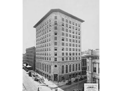 Historical and restored view of the United States National Bank building, view 1