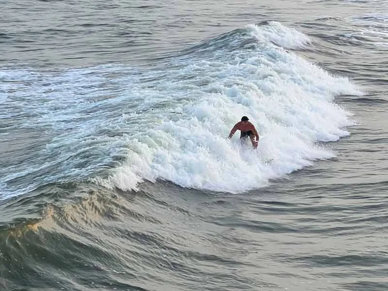 A surfer riding a breaking wave off Galveston